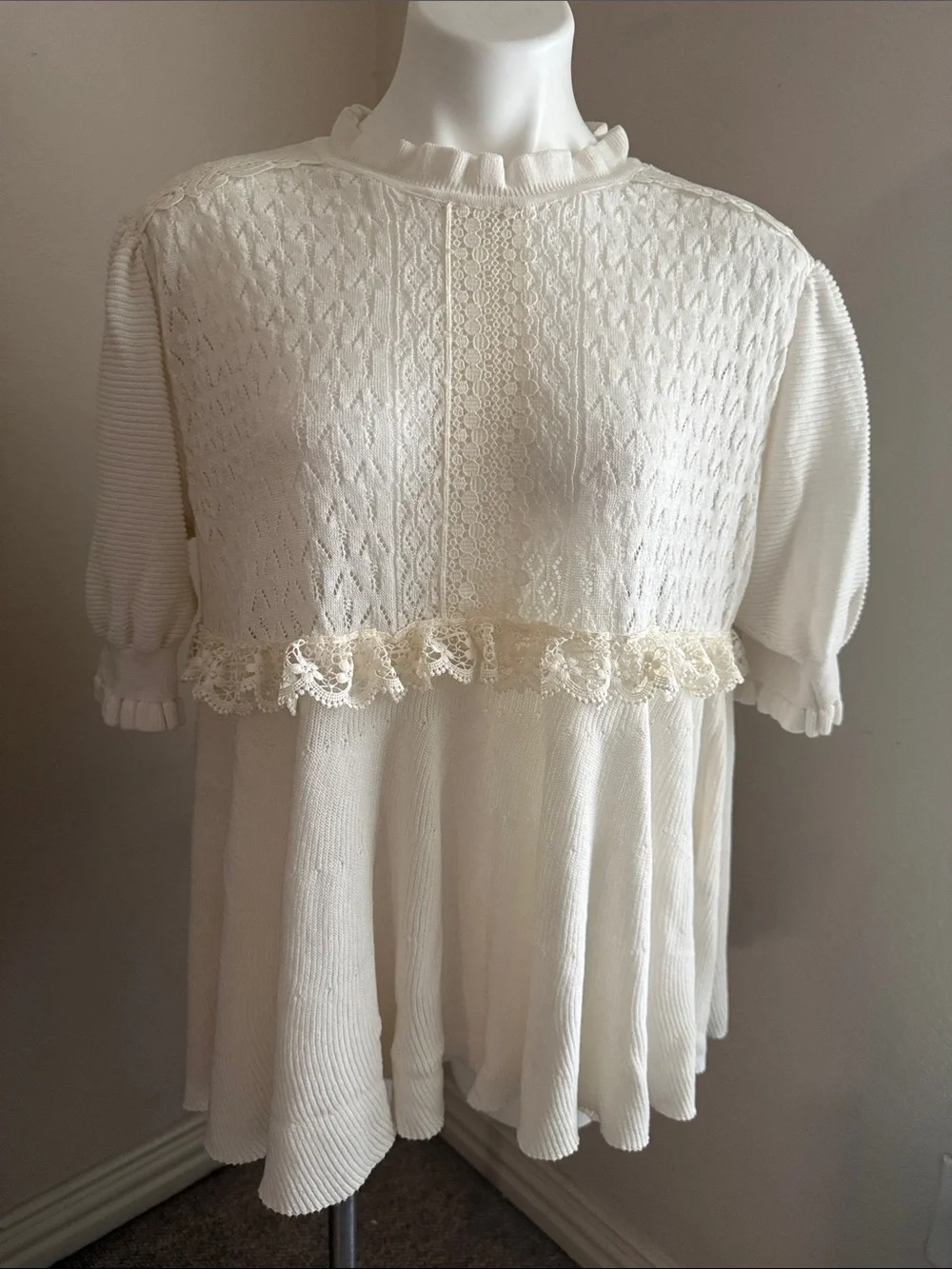 Zara Cream Lace-Trim Ruffled Babydoll Knit Top - XL